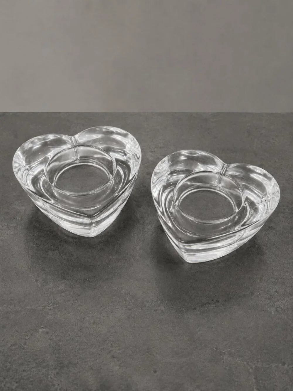 Crate & Barrel Clear Glass Heart Votive Candle Holders Pair Red Candles